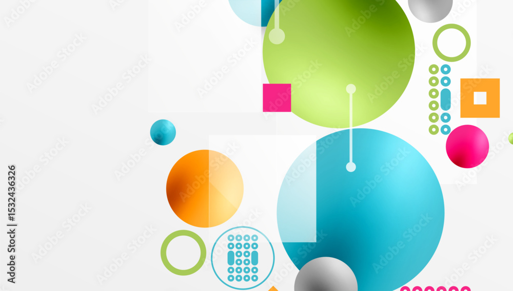 Poster abstract geometric shapes overlap, creating vibrant composition. circles, squares, lines form modern