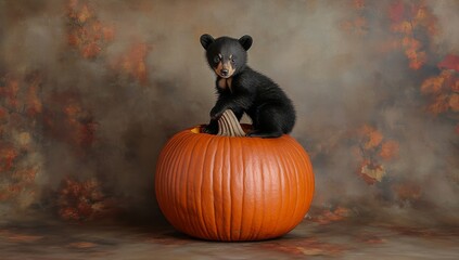 In an orange pumpkin, an adorable baby bear is resting, surrounded by pure innocence and coziness, a beautiful sight to behold