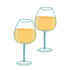 Glasses with champagne in flat cartoon design. Elegant glassware with dessert wine, delicious beverage or cocktail with fruit juice. Refreshing drink in summer bar. Vector illustration isolated.