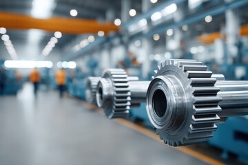 Fototapeta premium Metal gears on a production line in a modern manufacturing facility during daylight hours