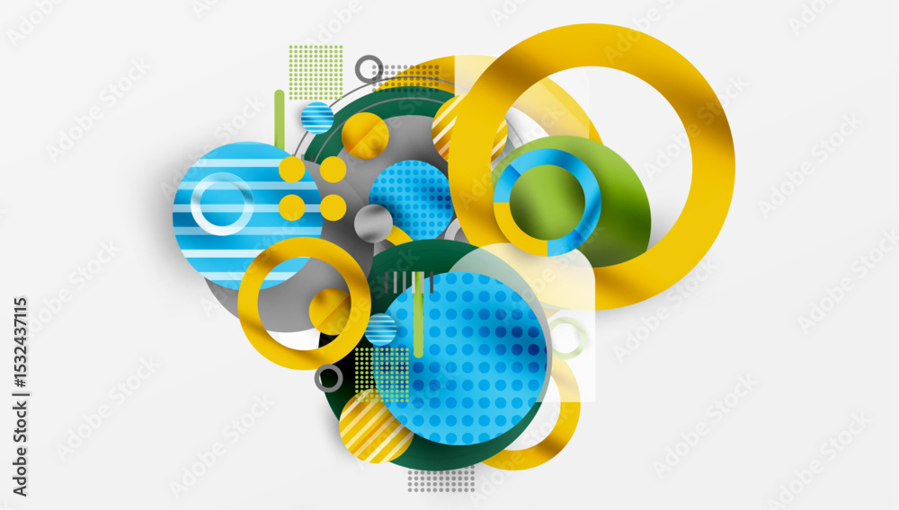 Poster Abstract composition. Overlapping circles, squares, lines create dynamic visual effect. Bright colors dominate design. Modern, geometric style.