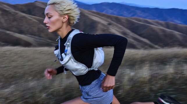 Focused female runner with windblown hair speeds through grassy hills wearing hydration vest. Concept of trail running - Powered by Adobe