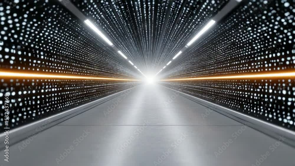 Poster Data Center Corridor: A futuristic data center corridor stretches into the distance, illuminated by bright lights, showcasing rows of servers and advanced technology.