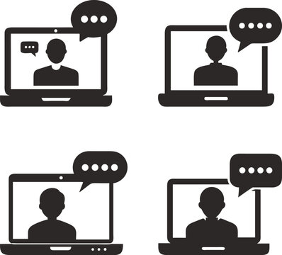 Online communication laptop screen person chat message , communication via laptop video chat with speech bubbles vector illustration symbol