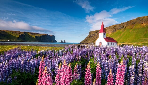 pink lupine flowers at vik town with myrdal church iceland at summer sunny day