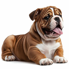 Adorable bulldog puppy with brown and white fur resting on a whi