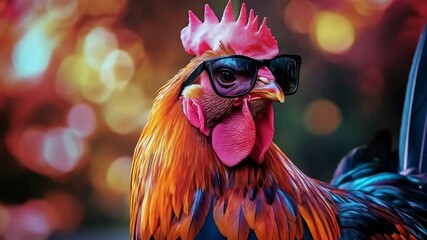 Bold rooster exudes swagger, sunglasses adding flair to vibrant feathers
