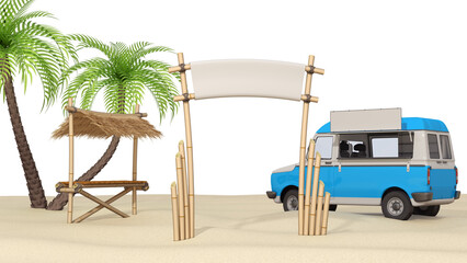 Bamboo gate, bamboo counter with thatched roof, old blue car and palm trees on the sandy beach. 3d illustration isolated on white