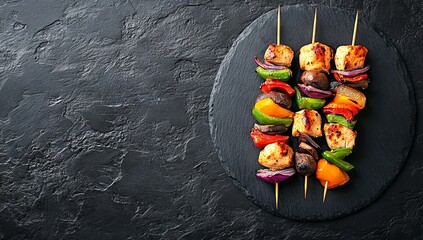 Served on a slate plate, the combination of grilled chicken skewers, mushrooms, and vegetables creates a delicious and flavorful meal presentation