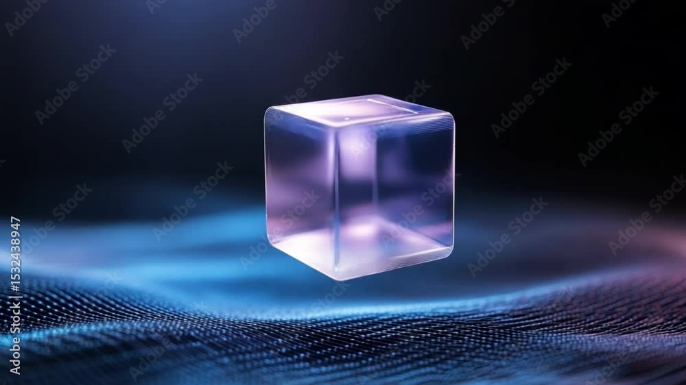 Poster geometric radiance: a luminous, transparent cube poised above a mesmerizing, textured surface of int