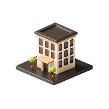 3d icon of a minimalist 3d icon of a creamcolored office building with a dark brown roof, isolated on transparent background, sits on a dark square base, flanked by two small green trees