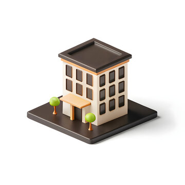 3d icon of a minimalist 3d icon of a creamcolored office building with a brown roof, small green trees, and a dark brown base, isolated on white background