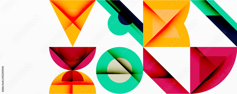 Poster Abstract geometric shapes overlap, creating vibrant colorful composition. Modern design features bold hues, clean lines.