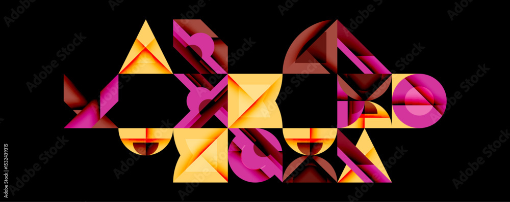 Poster Abstract geometric shapes form complex composition. Warm colors dominate, creating dynamic visual interest against black background.