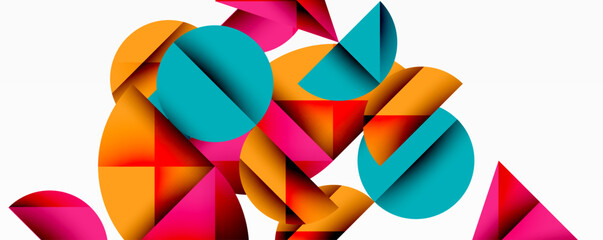 Abstract geometric shapes overlap, creating vibrant composition. Circles, triangles, hues blend seamlessly. Modern design, playful aesthetic.
