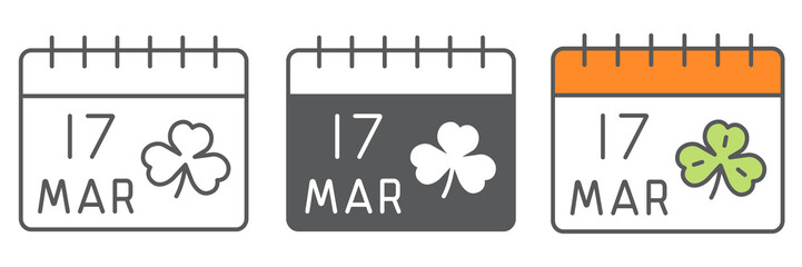 St. Patricks day calendar icon collection, St. Patricks day date and holiday, calendar with clover vector icon set, vector graphics, editable stroke outline sign, eps 10