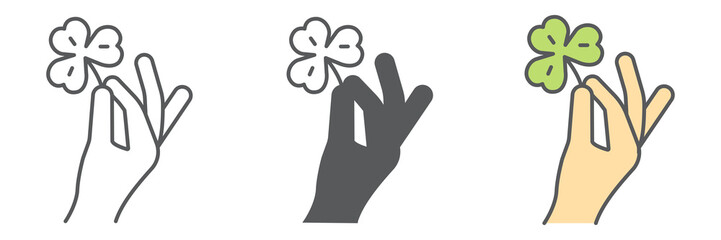 Hand holding clover icon collection, St. Patricks day and holiday, hand hold lucky clover vector icon set, vector graphics, editable stroke outline sign, eps 10