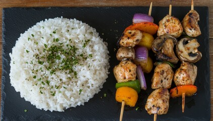 Outdoor dining is elevated with a delicious recipe for grilled chicken kebabs, featuring mushrooms and veggies, all presented on a stylish slate platter