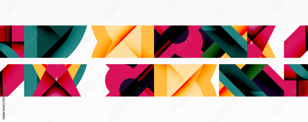 Poster Abstract geometric shapes, vibrant colors, repeating pattern. Modern design elements create visual interest. Simple composition.