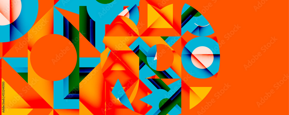 Poster abstract geometric composition. bright colors, shapes overlap, creating dynamic visual experience. o