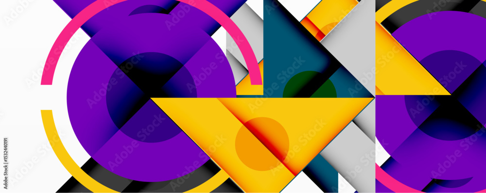 Poster Abstract geometric composition. Overlapping circles, triangles, squares create dynamic visual effect. Bright colors dominate design.