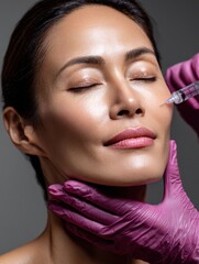 Close-up of cosmetic injection procedure on woman's face, suitable for aesthetic medicine campaigns or editorial health topics