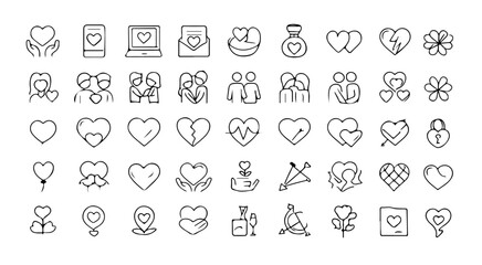 A collection of various hand drawn heart and love related icons arranged in a grid pattern on white