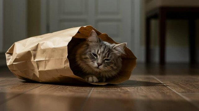 Cat dozing inside a paper bag on wooden floor at home  