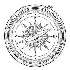 Elaborate, black & white line art compass illustration w/ cardinal directions