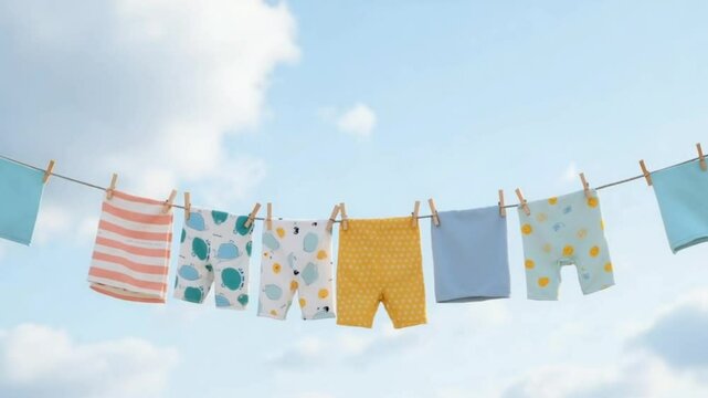 Pastel-colored baby clothes hanging on a clothesline, drying in the sun.