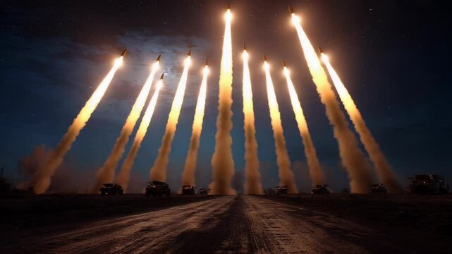 Multiple Rocket Launchers Firing Missiles at Night, Military Exercise, Powerful Weaponry, Defense System, Strategic Offense, Modern Warfare, Dark Sky
