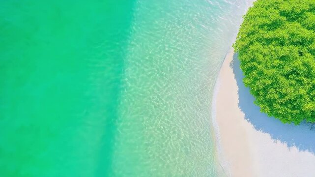 Turquoise Paradise: Aerial view of a sun-kissed beach, where the emerald sea embraces the golden shore, and a cluster of verdant flora adorns the tranquil vista. 