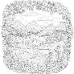 Obraz premium A mountain view with trees, fields, and clouds framed in a floral, ornamental border