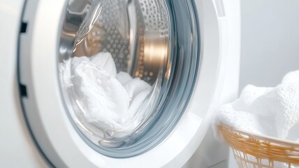 White towels tumbling in washing machine, symbolizing fresh laundering during household cleanliness and cleaning process