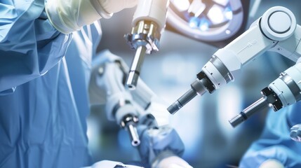 Close-up view of robotic arms performing minimally invasive surgery. AI-generated.