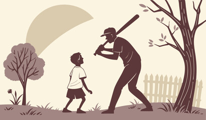a father teaching his young son how to bat in a small backyard, evening sun, family bonding, emotional and warm moment, bat slightly bigger for the child."    