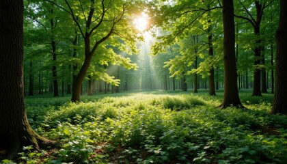 Obraz premium Serene Forest Landscape with Sunlight Filtering Through Lush Green Trees and Vibrant Underbrush