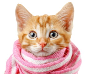 Adorable orange tabby kitten with large expressive eye led in pink striped scarf  ,cut out transparent