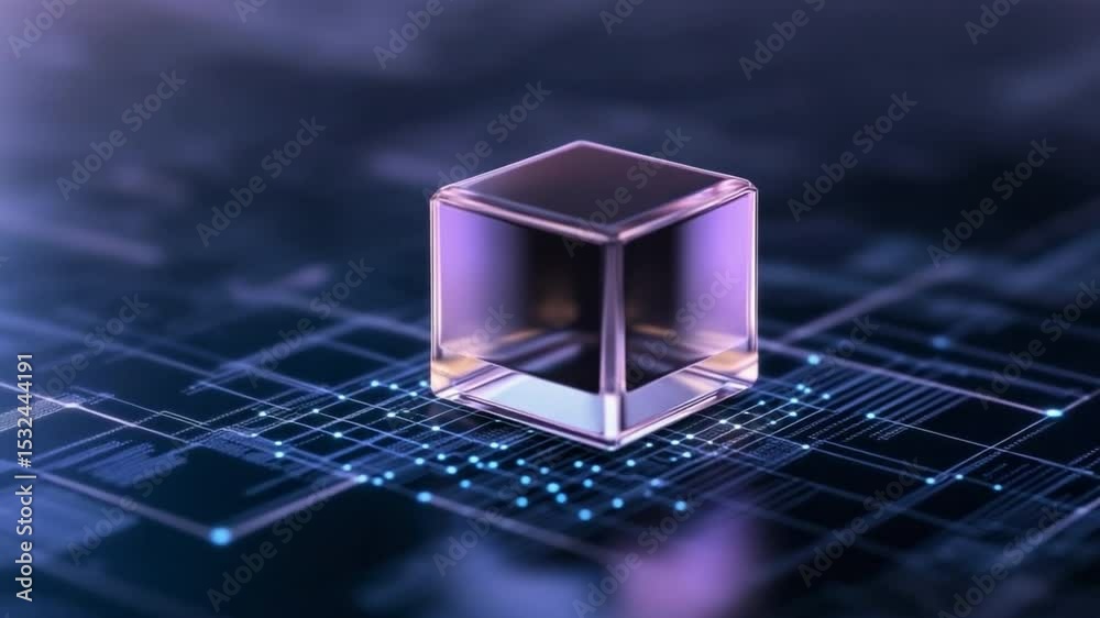 Poster Digital Cube: A luminous glass cube hovering above a high-tech circuit board, symbolizing innovation and the digital world. The transparent cube reflects the intricate pathways of technology.