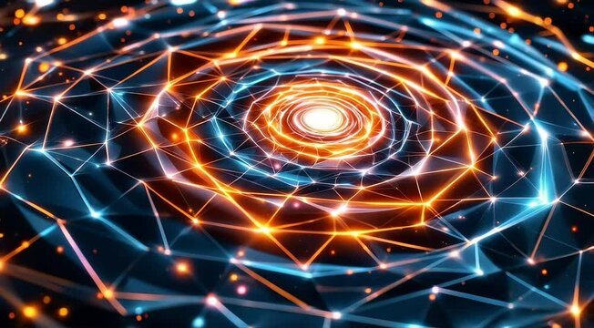 A glowing geometric spiral expanding outwards, with each layer forming intricate new shapes and colors