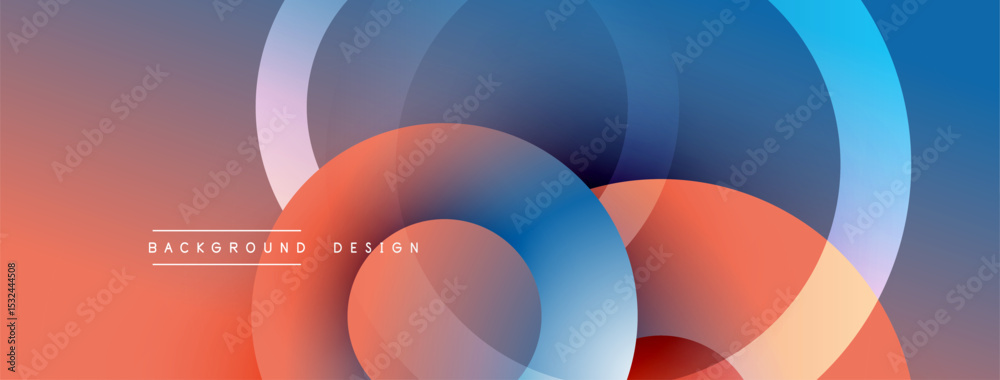 Poster Abstract design features overlapping circles. Colors blend from orange, blue, purple creating dynamic visual effect. Modern, clean aesthetic.