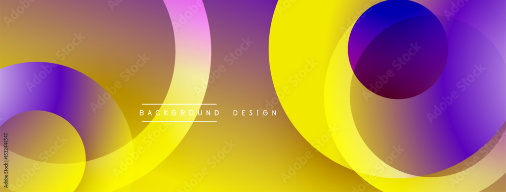 Poster Abstract design features overlapping colorful circles. Gradient hues blend yellow, purple, orange creating dynamic visual effect. Modern aesthetic.
