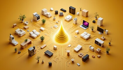 Futuristic Home Living Concept with Smart Technology and Minimalist Furniture Layout on Yellow Background