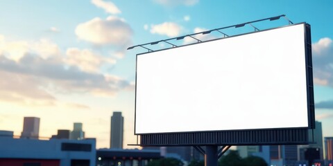 Empty horizontal advertising billboard mockup against a blurred city skyline and cloudy sky at dusk. Perfect for outdoor advertisement design.