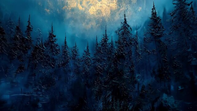 Dreamy artwork of a dark pine tree forest with a golden light above, painting.