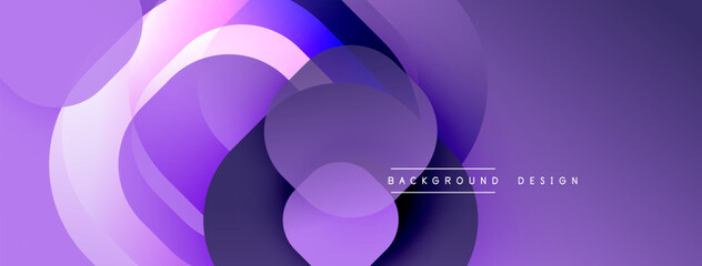 Abstract purple layers create dynamic flowing shapes. Modern design evokes movement, depth, visual interest. Background features subtle gradient effects.