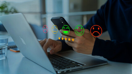 Happy customer providing 5-star review via mobile application after receiving outstanding service...