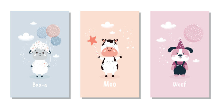 A set of children's modern banners with hand-drawn lamb with balloons, cow and dog for invitations, greeting cards, covers, posters and more. Flat vector illustration.