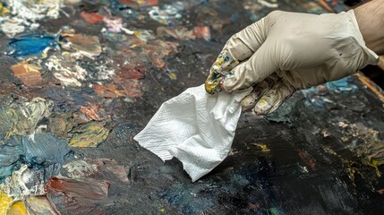 Obraz premium Hand in glove cleaning a vibrant paint palette