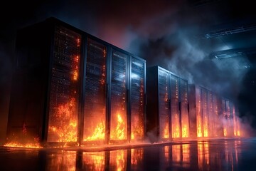 Fire burning server computers in data center with smoke and reflections